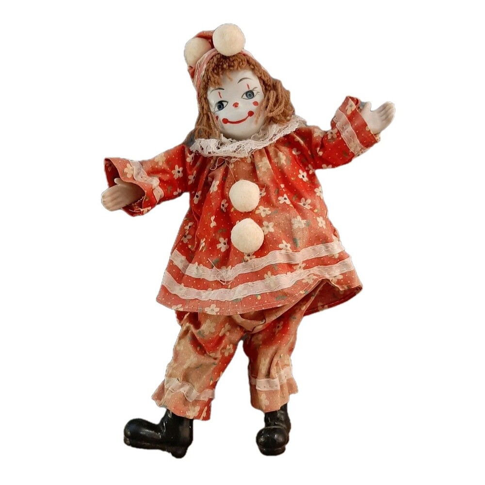 Vintage Clown Doll Porcelain Dressed In Red Clothes 9 Inch Wired